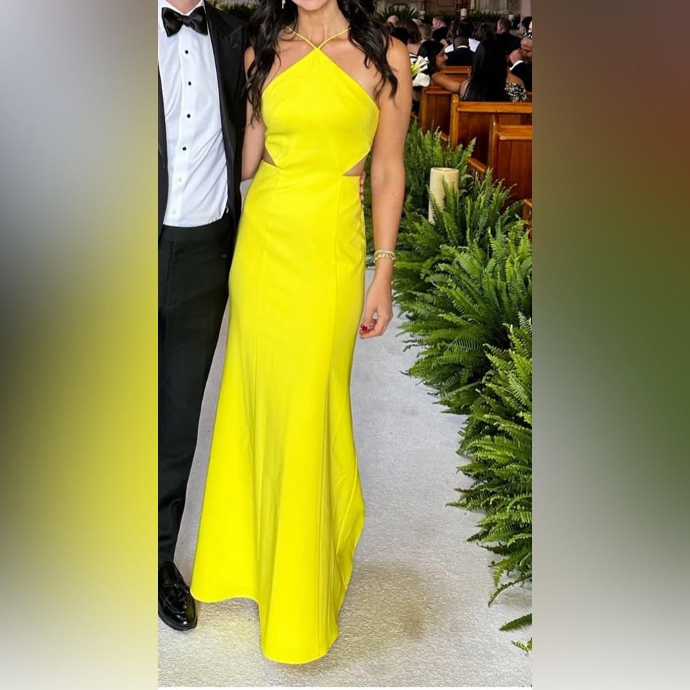 Aidan Mattox Yellow Crepe Cut Out Halter dress